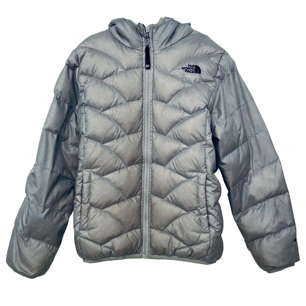The North Face 550 Down Quilted Hooded Silver Black Puffer Coat Girls Medium